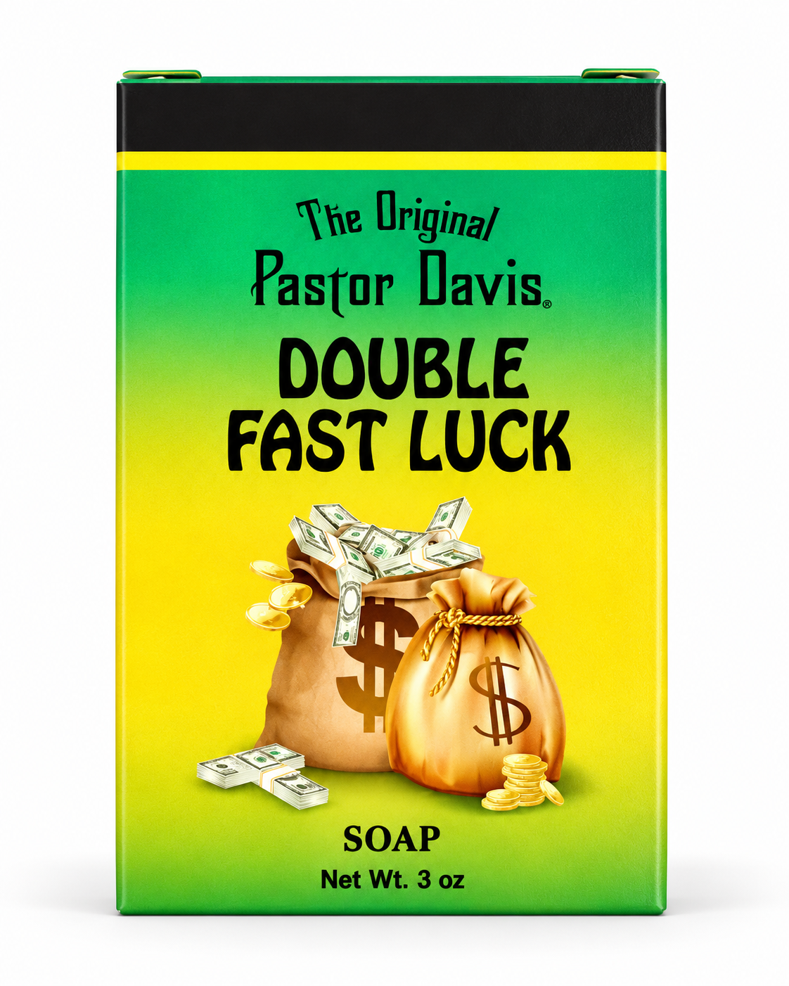 A rectangular soap box for 'The Original Pastor Davis Double Fast Luck Soap' on a white background. The box features a green-to-yellow gradient design with black text and an illustration of money bags and cash.
