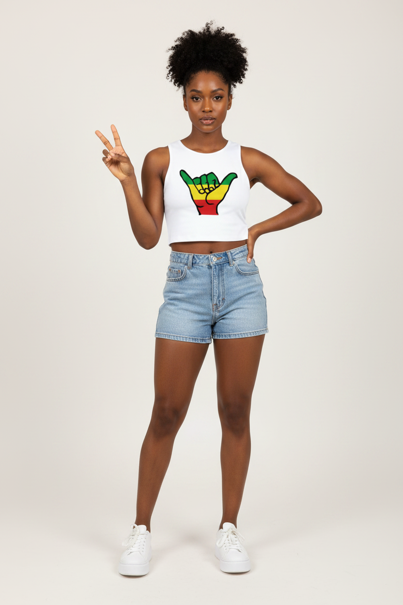White tank top with a colorful hand gesture design on a white background