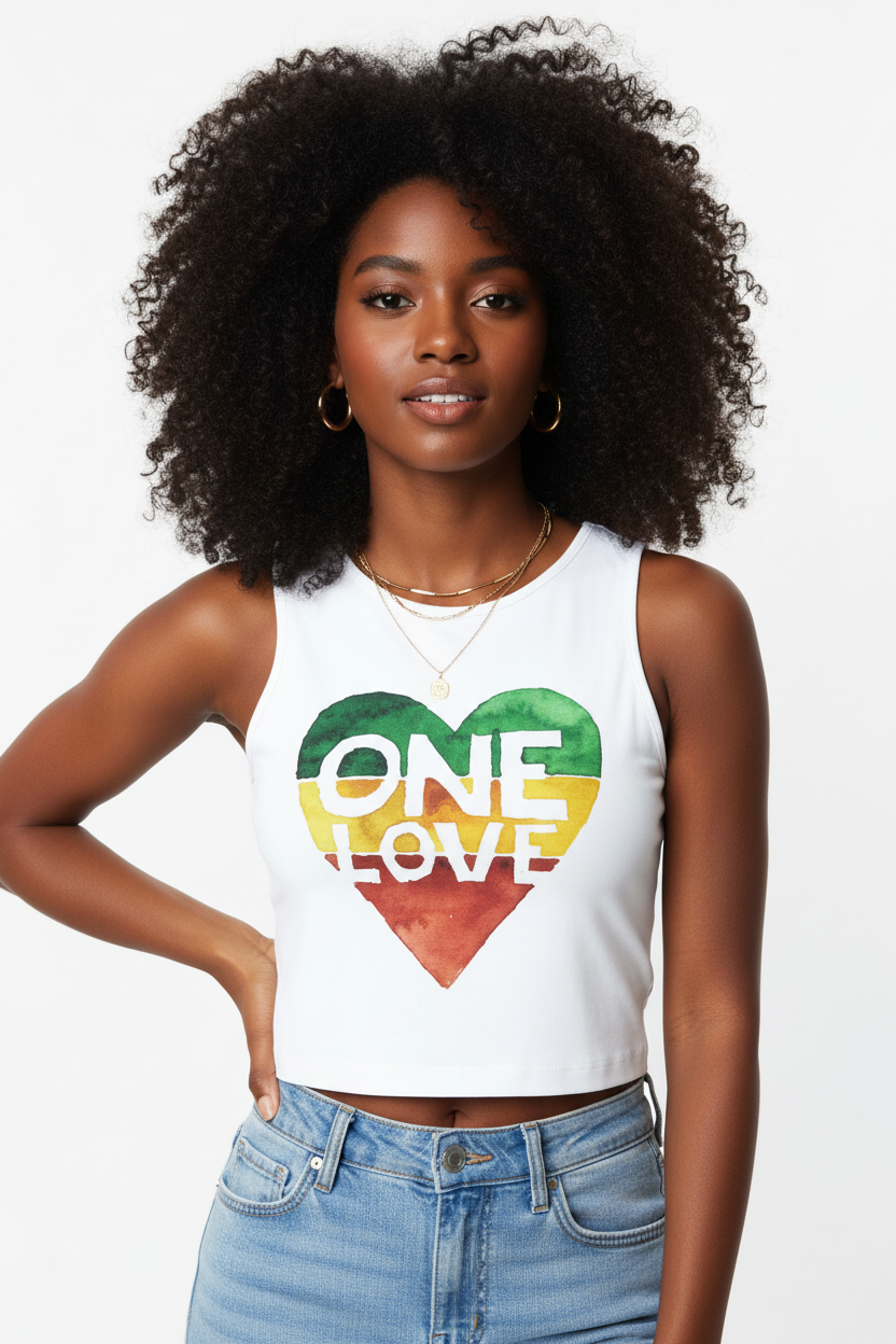 White tank top with a colorful heart design and 'ONE LOVE' text on a white background