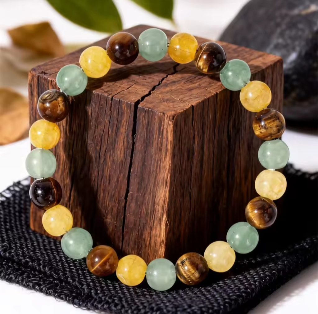 Multicolored beaded bracelet on a wooden block with a natural background