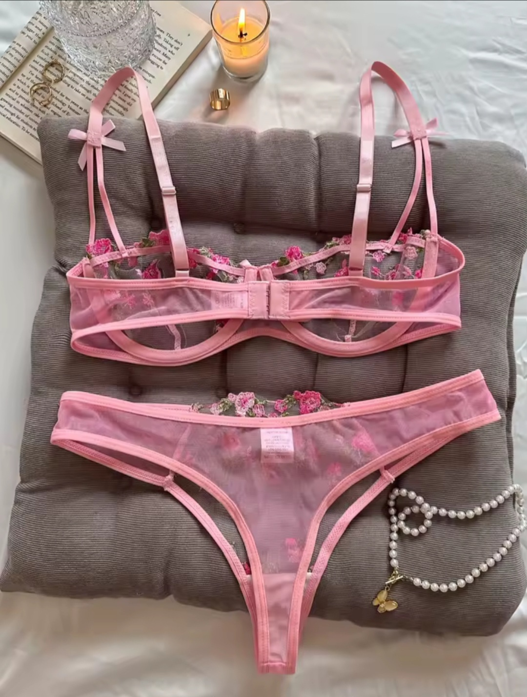 Pink Blossom Embroidered Lingerie Set