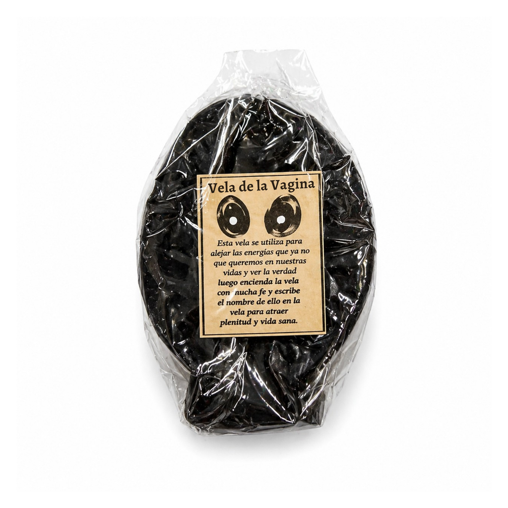 Black vagina candle in clear plastic packaging on a white background