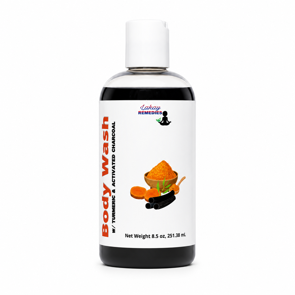 A bottle of Lakay Remedies Turmeric & Activated Charcoal Body Wash, featuring a white cap, a white label with red and black text, and illustrations of turmeric and charcoal, on a white background.