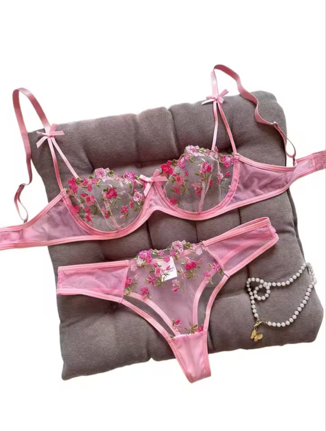 Pink Blossom Embroidered Lingerie Set