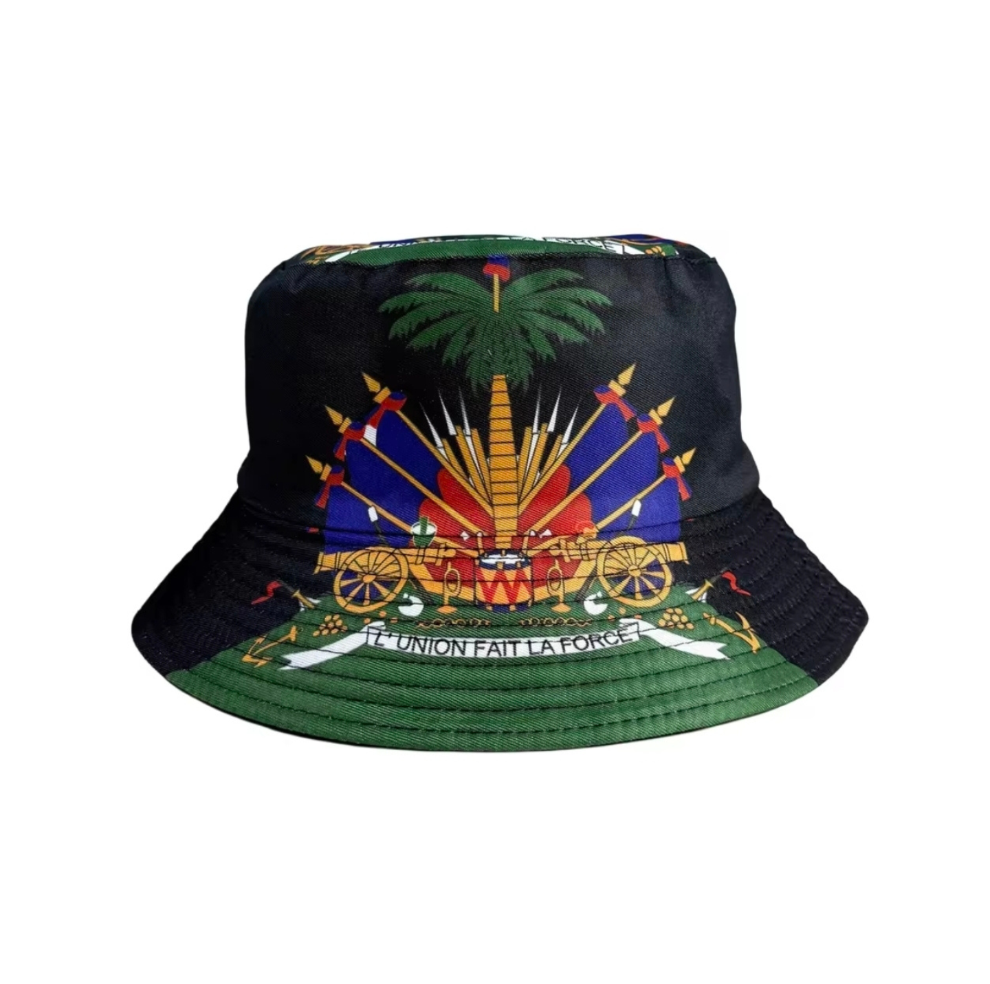 Black bucket hat with colorful emblem and text on a white background