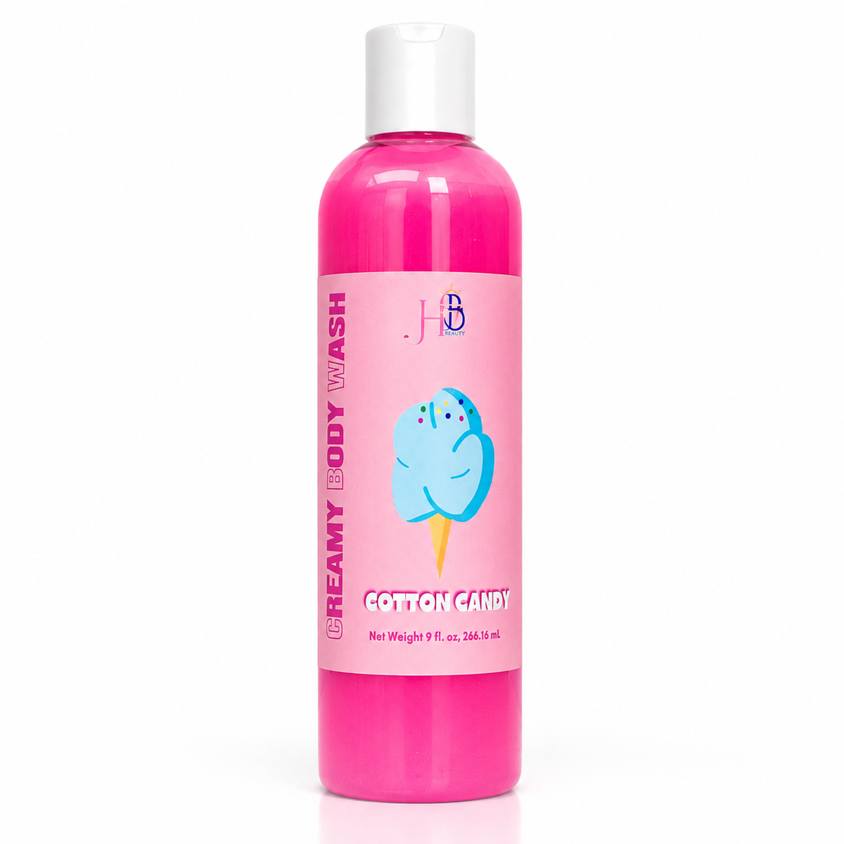 A bottle of Her Beauty Factory Creamy Body Wash in Cotton Candy scent, featuring a bright pink bottle with a white cap and a pink label decorated with a blue cotton candy illustration.