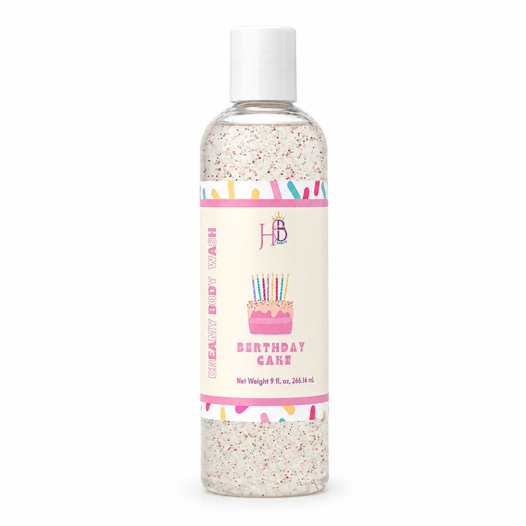 A bottle of Birthday Cake Body Wash Her Beauty Factory with a white cap and a cream-colored label featuring a pink birthday cake illustration and colorful confetti borders.