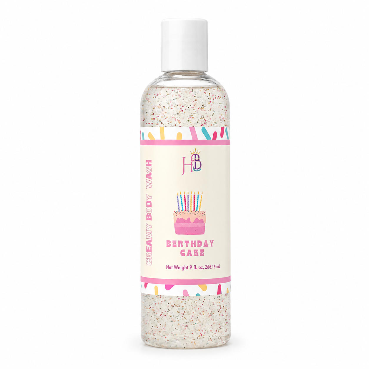 A bottle of Birthday Cake Body Wash Her Beauty Factory with a white cap and a cream-colored label featuring a pink birthday cake illustration and colorful confetti borders.