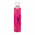A clear plastic bottle of body wash filled with bright pink liquid and black jojobabeads, featuring a white cap and a pink label that reads 'Pure Seduction' and 'Body Wash'.