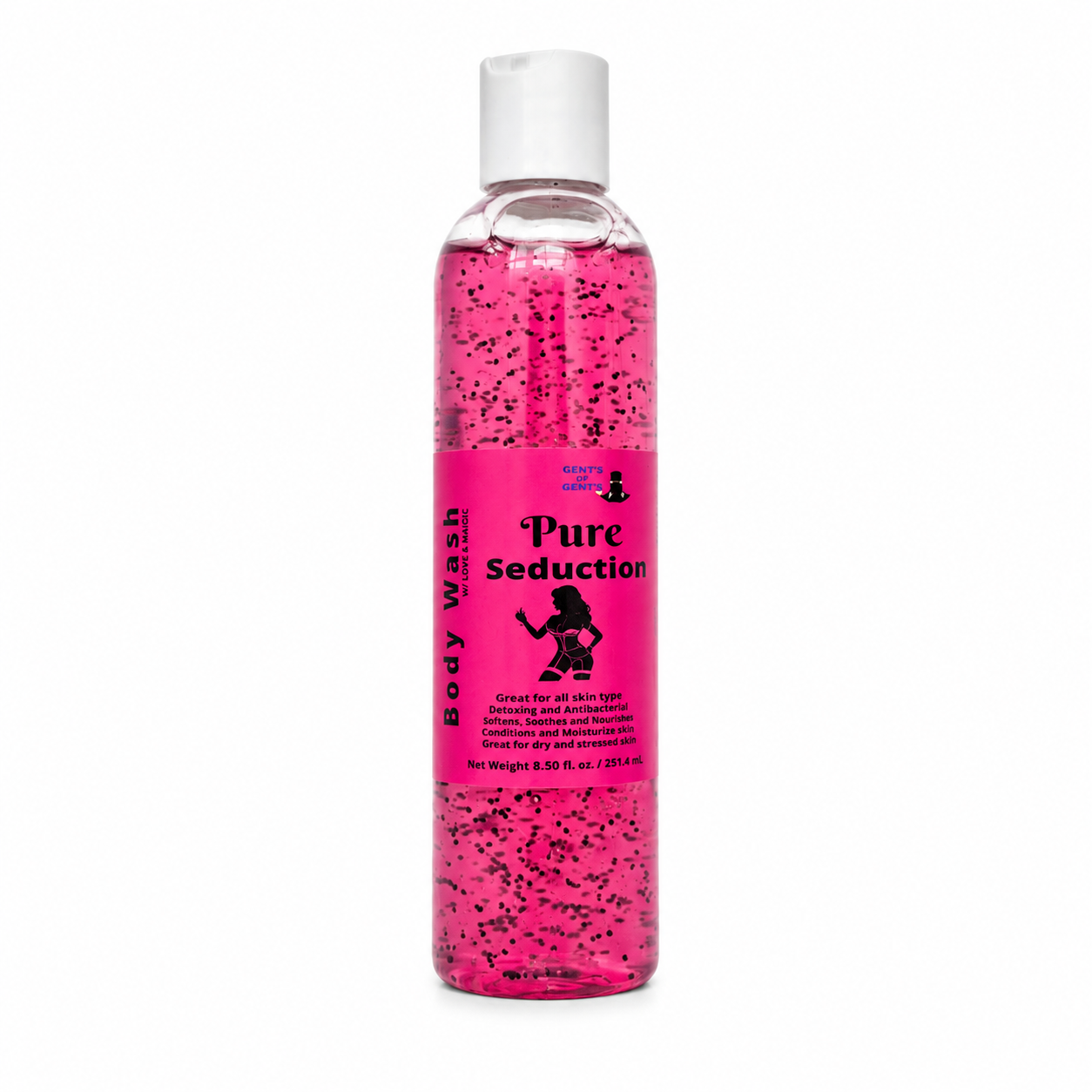 A clear plastic bottle of body wash filled with bright pink liquid and black jojobabeads, featuring a white cap and a pink label that reads 'Pure Seduction' and 'Body Wash'.