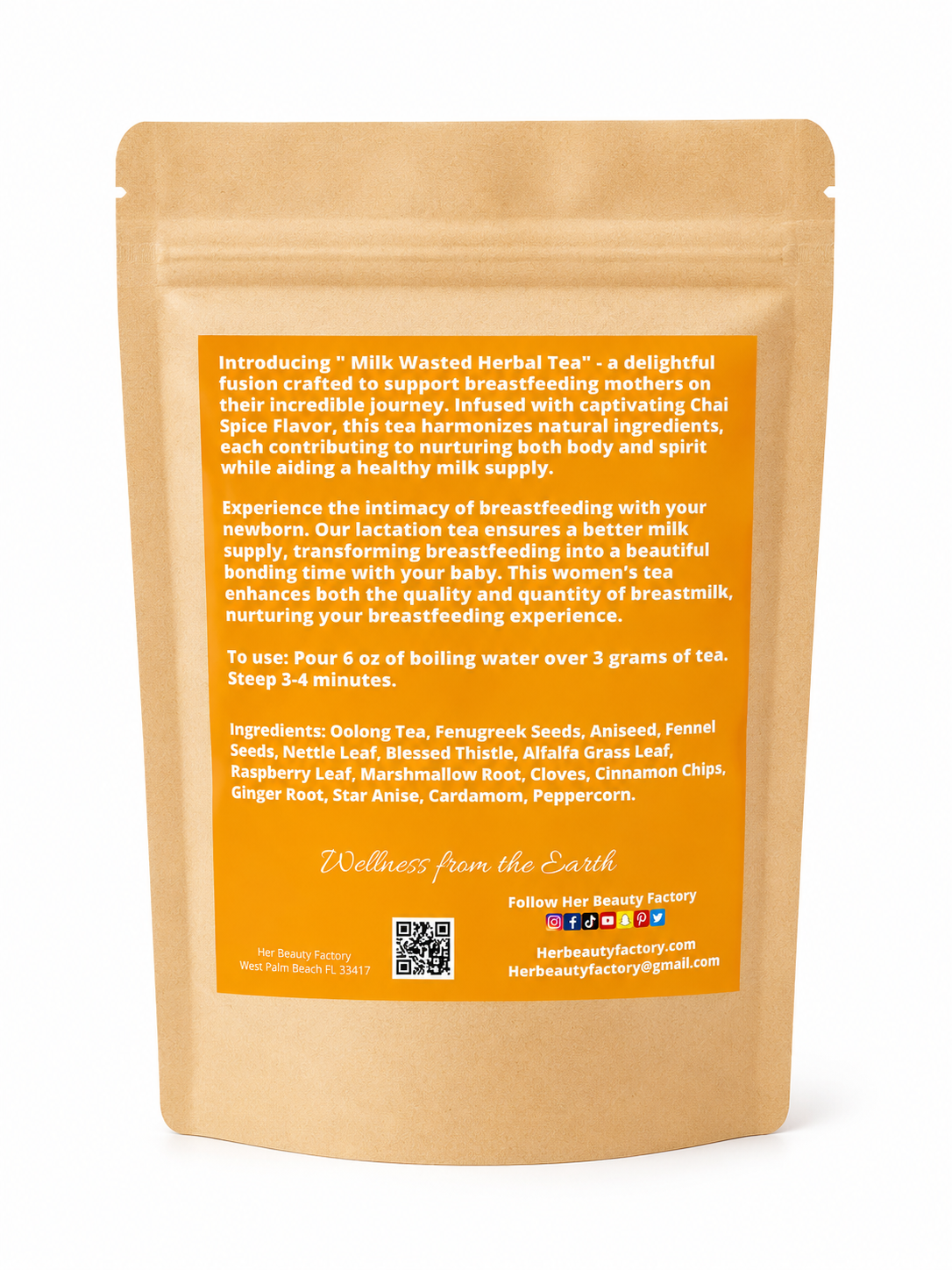 A stand-up pouch of Herbal Tea with a large orange back label, photographed on a plain white background. The pouch itself is a warm tan/beige color.