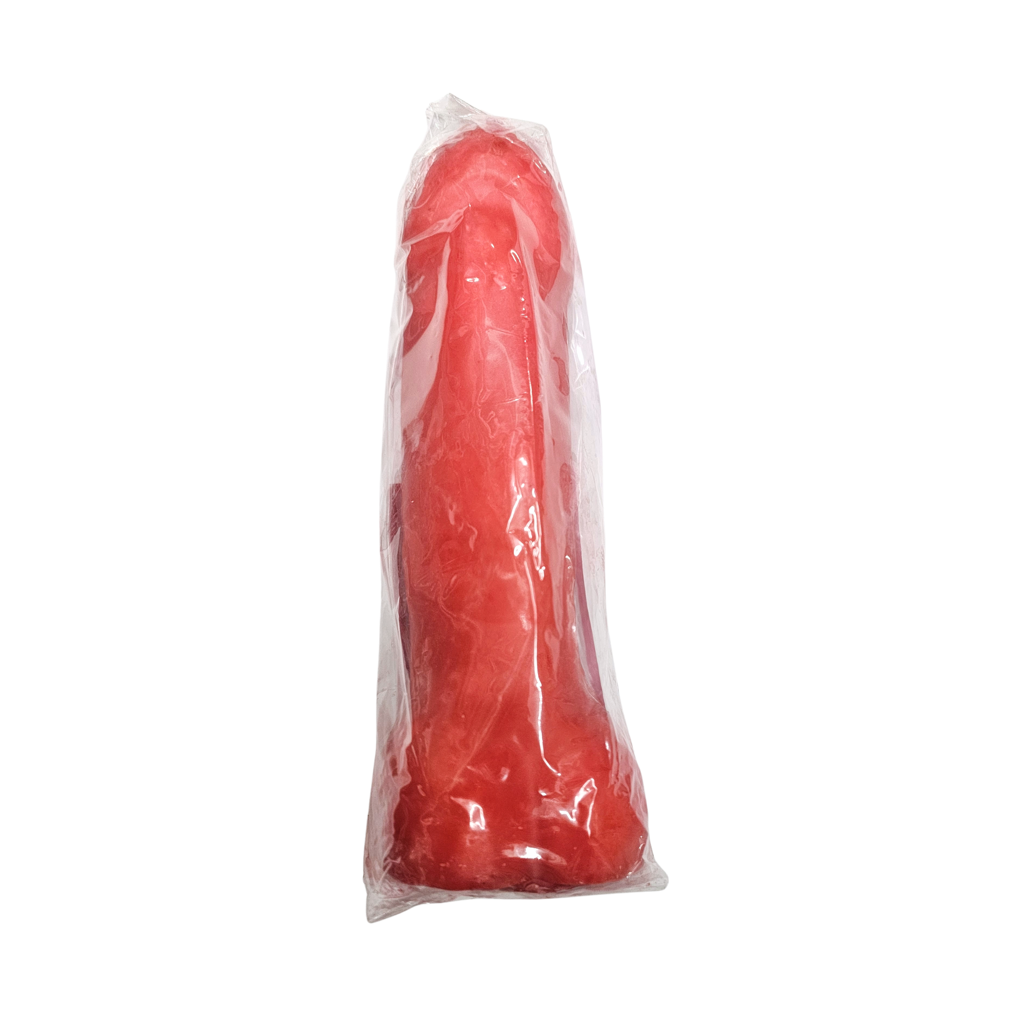 Red penis wrapped in clear plastic on a white background