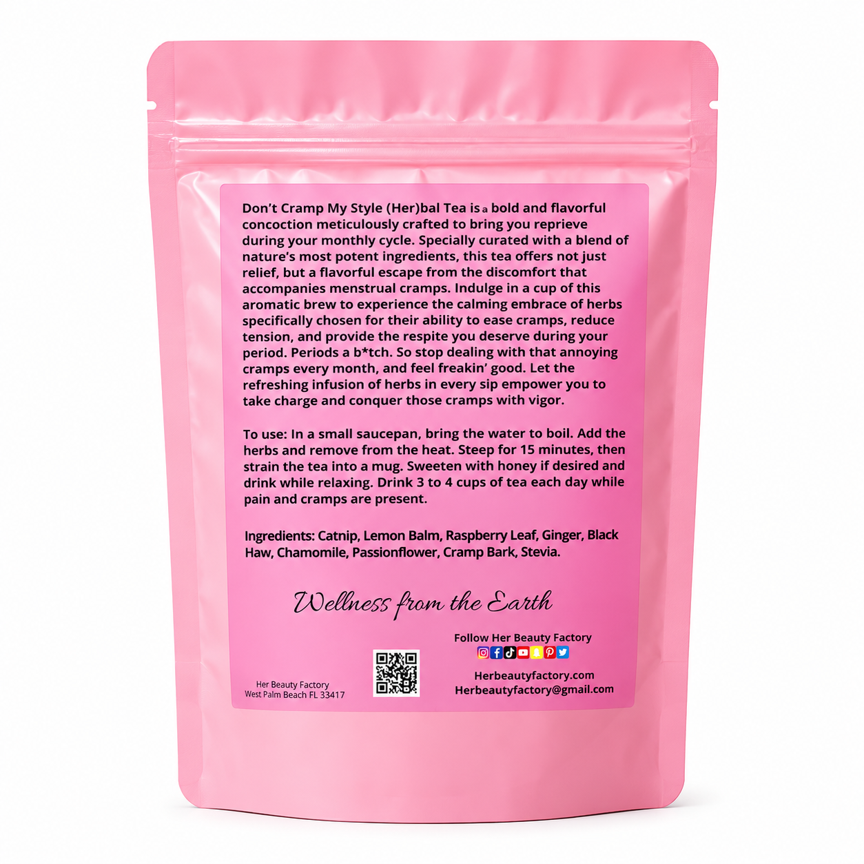 A pink resealable stand-up pouch showing the back side of the packaging with product description text, ingredients list, and branding for Her Beauty Factory on a plain white background.