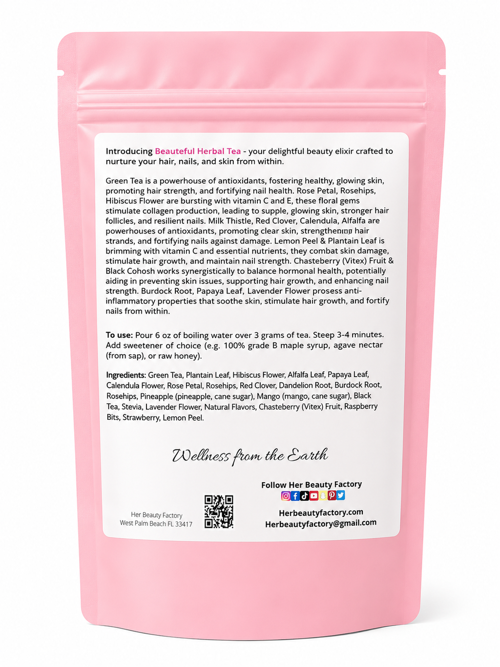 A pink resealable pouch of Beautiful Herbal Tea by  Her Beauty Factory, shown from the back with a white text label detailing ingredients, directions, and social media information.