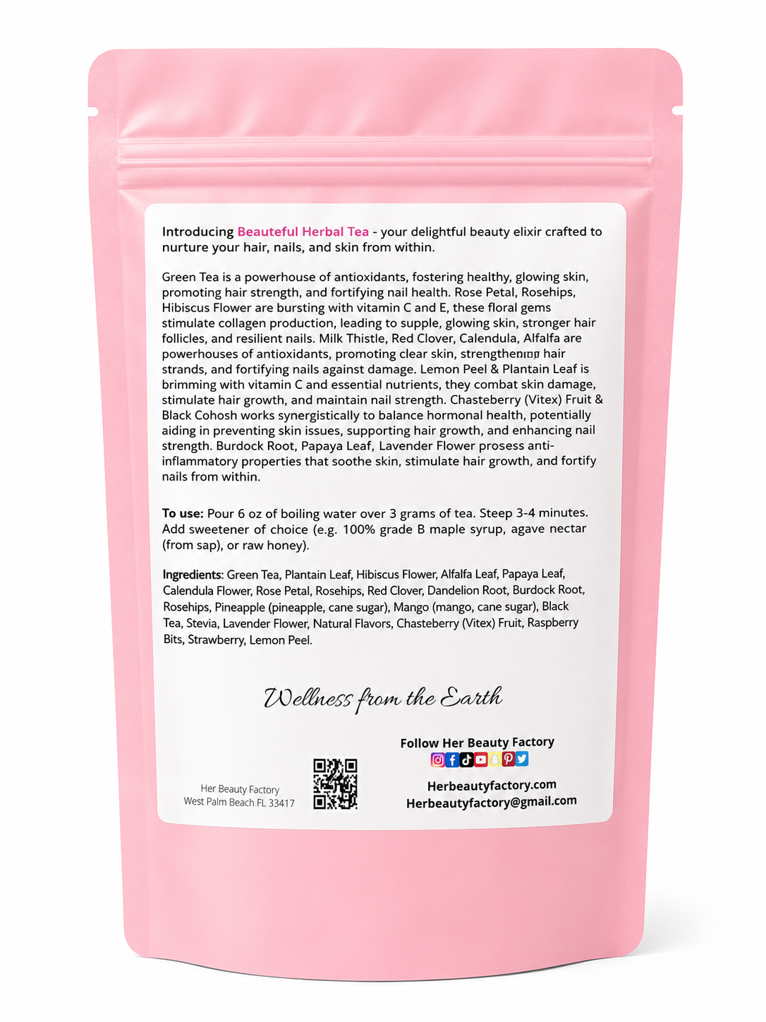 A pink resealable pouch of Beautiful Herbal Tea by  Her Beauty Factory, shown from the back with a white text label detailing ingredients, directions, and social media information.