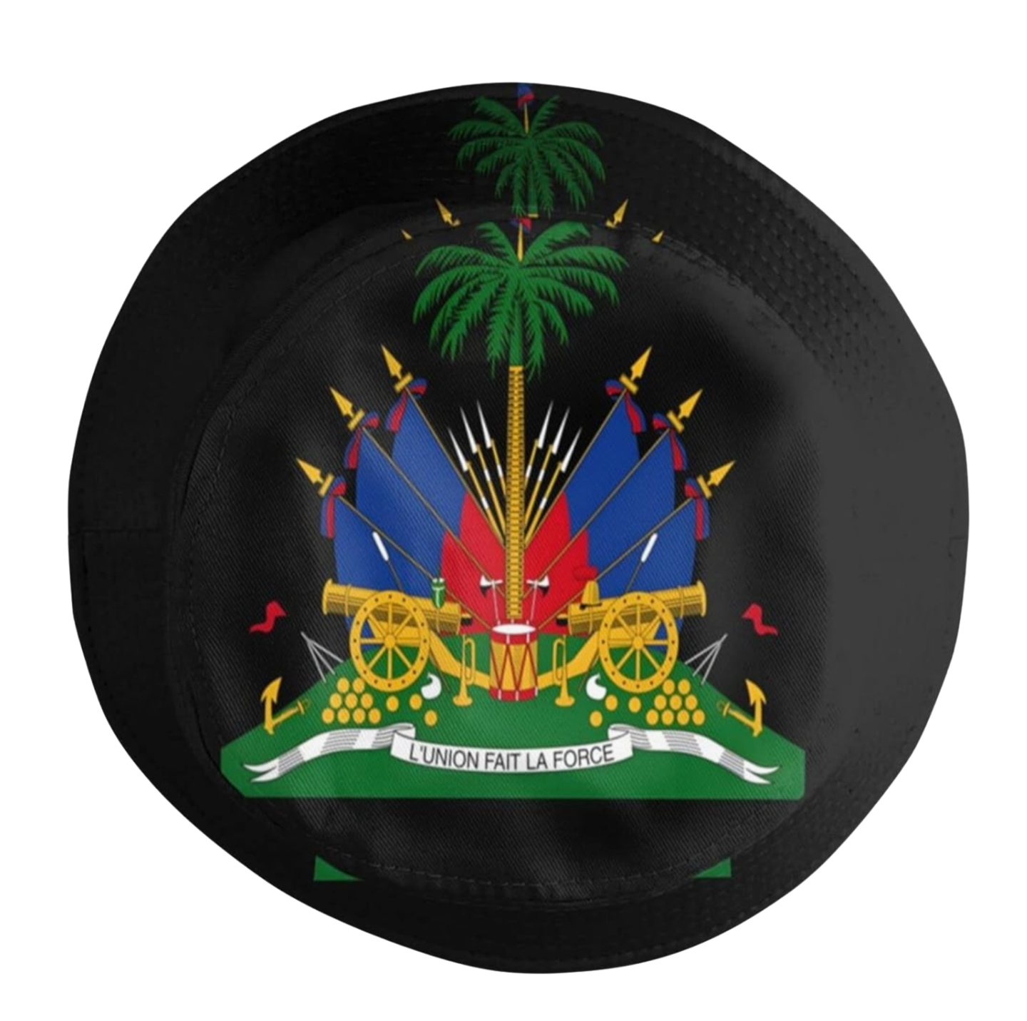 Black round cushion with a colorful emblem featuring a palm tree and flags on a white background