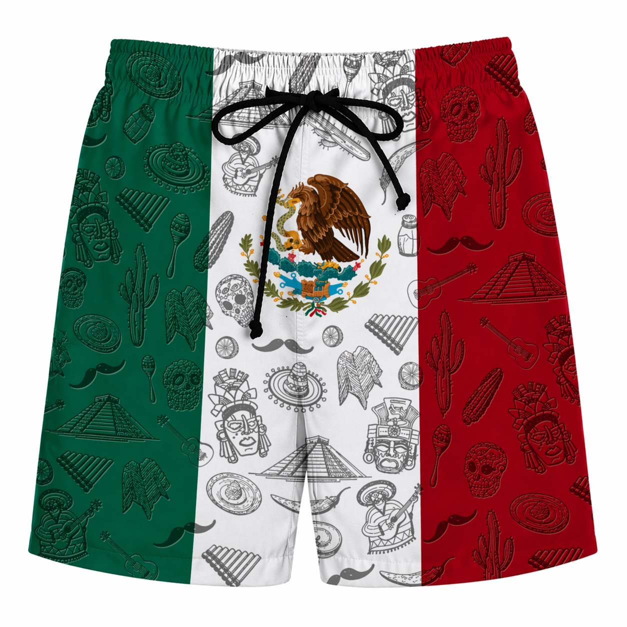 Shorts with a design inspired by the Mexican flag, featuring green, white, and red sections with various patterns.