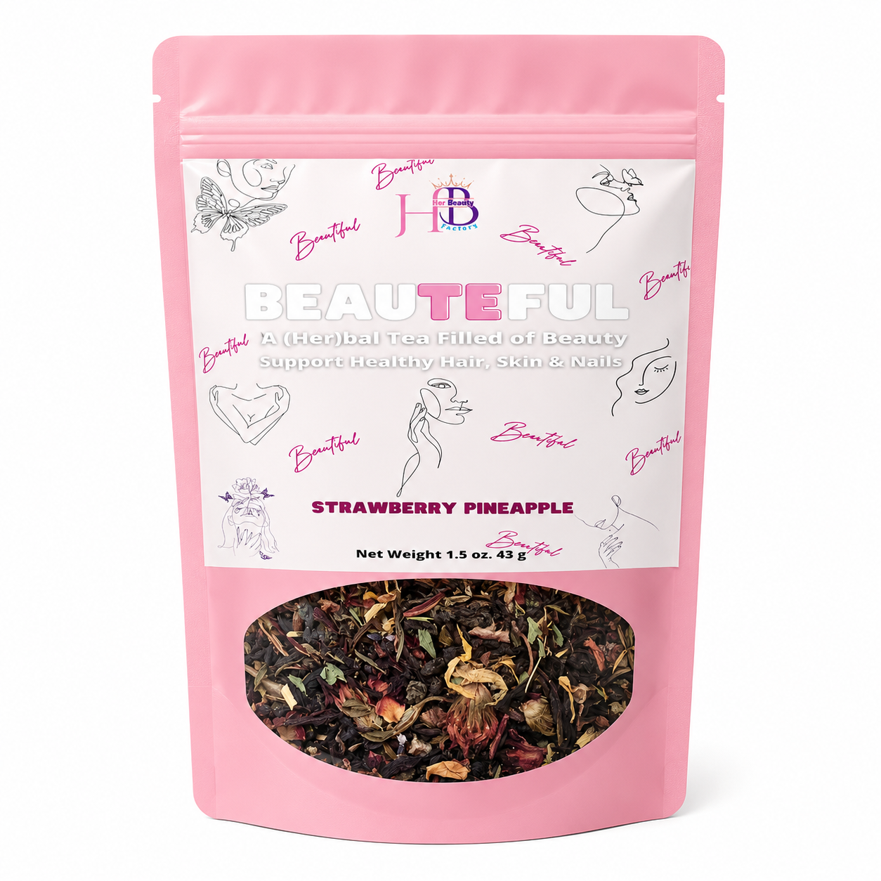 A pink stand-up pouch of Beautiful Herbal Tea Filling in Strawberry Pineapple flavor, featuring a white label with pink and purple illustrations and a clear window showing the loose herbal tea inside.