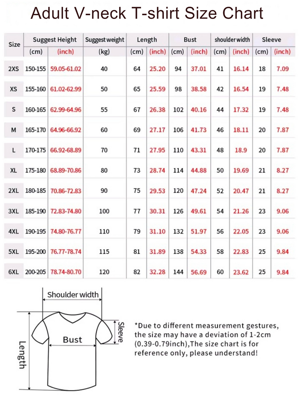 Size chart for adult V-neck T-shirts with measurements in centimeters and inches.