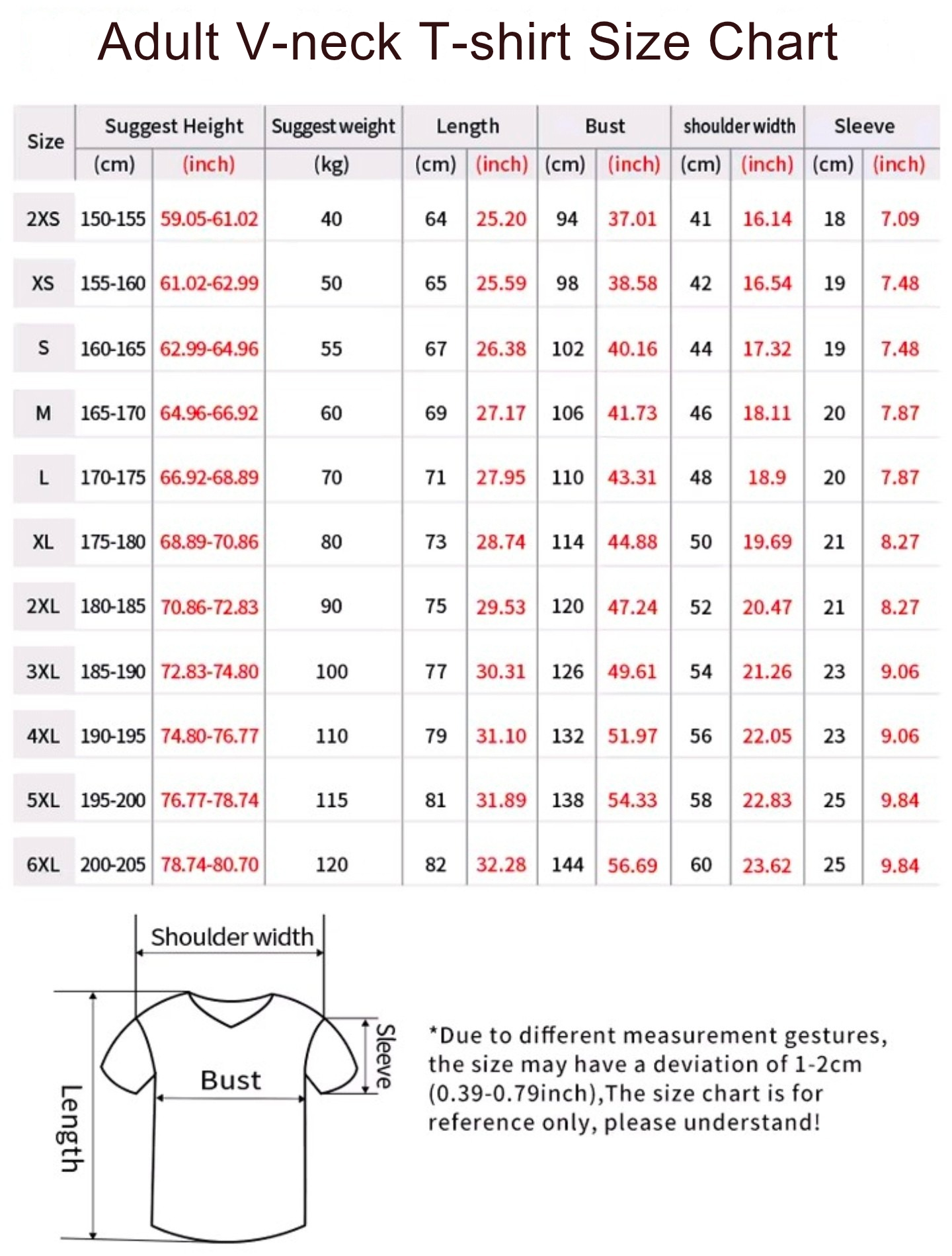 Size chart for adult V-neck T-shirts with measurements in centimeters and inches.