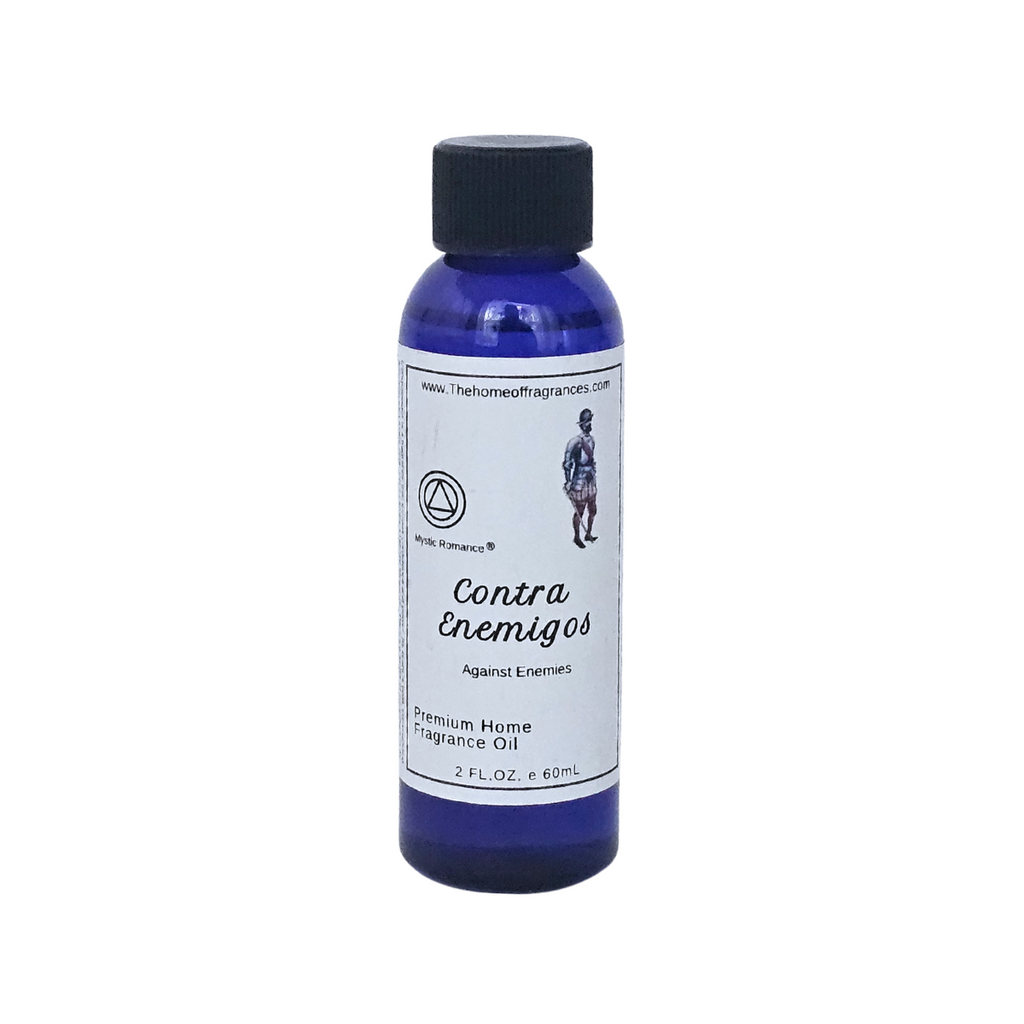 Blue bottle of Contra Enemigos fragrance oil on a white background