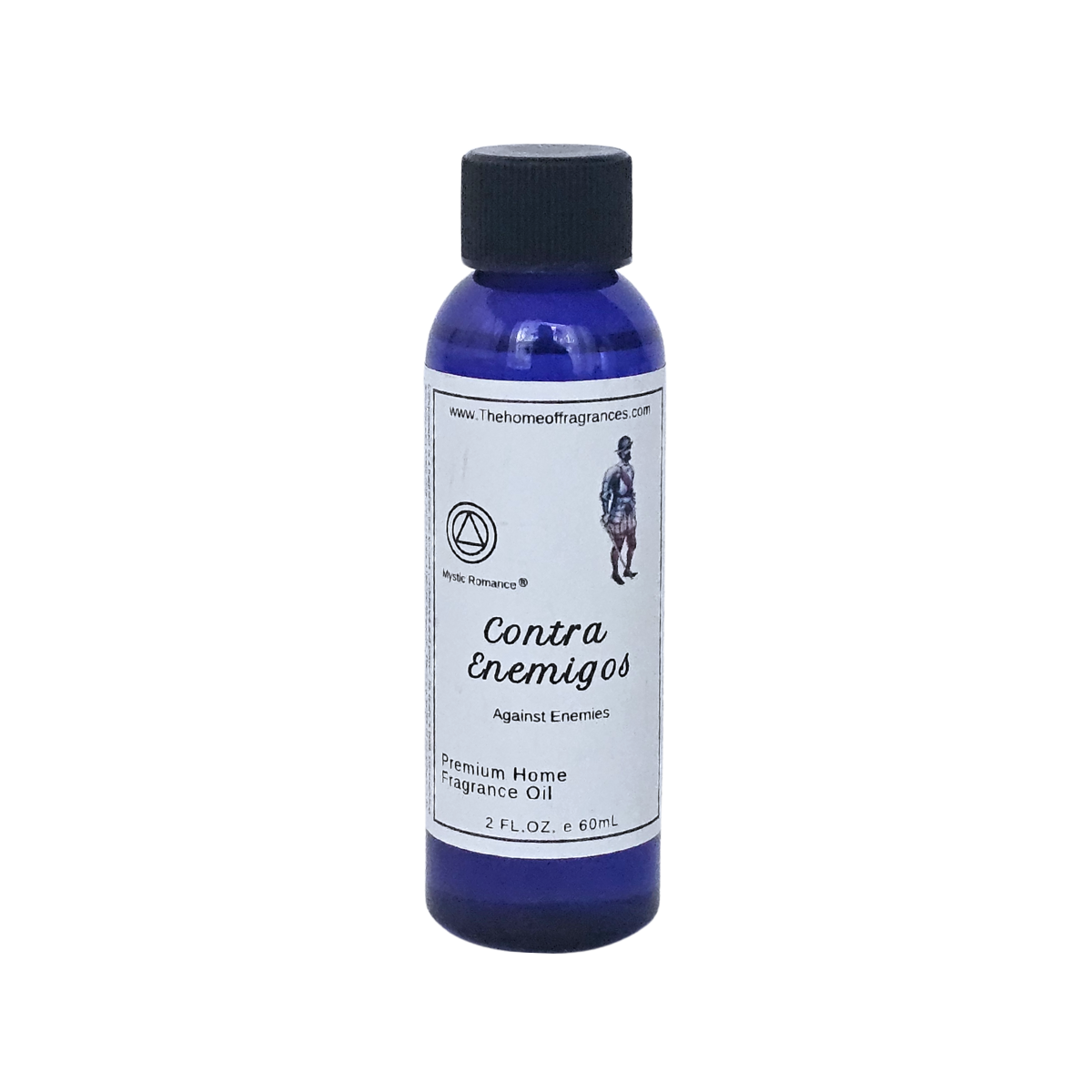 Blue bottle of Contra Enemigos fragrance oil on a white background