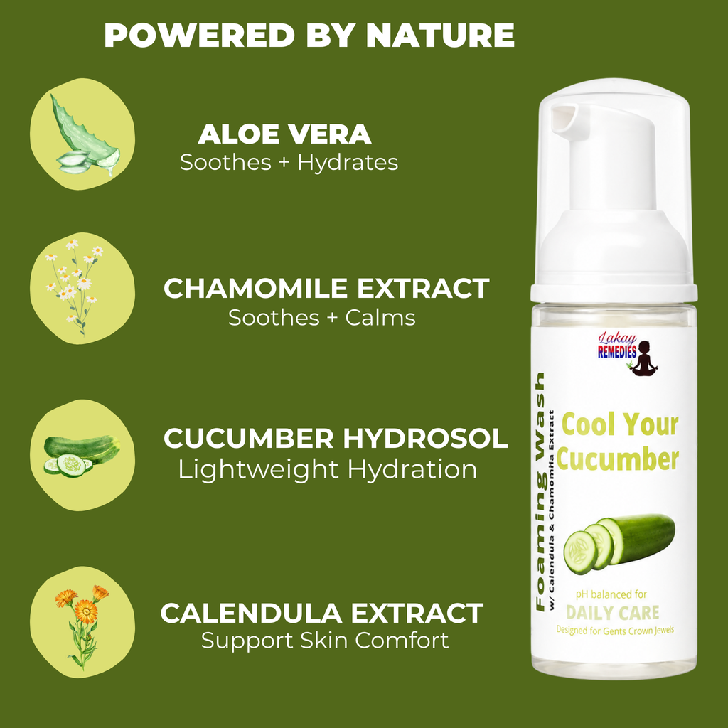 A bottle of cooling cucumber foam wash shown on the right, with four ingredient callouts on the left: aloe vera, chamomile extract, cucumber hydrosol, and calendula extract, all on a dark olive green background.
