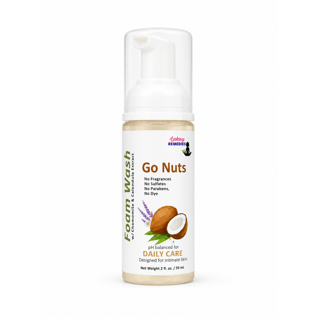 A bottle of Intimate Foam Wash Intimate, featuring a white pump dispenser and a label with 'Go Nuts' text, a coconut illustration, and lavender sprigs on a white background.