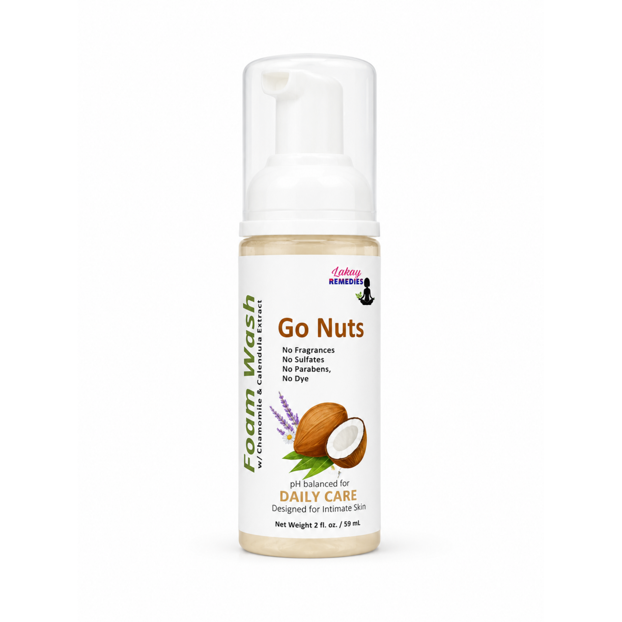 A bottle of Intimate Foam Wash Intimate, featuring a white pump dispenser and a label with 'Go Nuts' text, a coconut illustration, and lavender sprigs on a white background.
