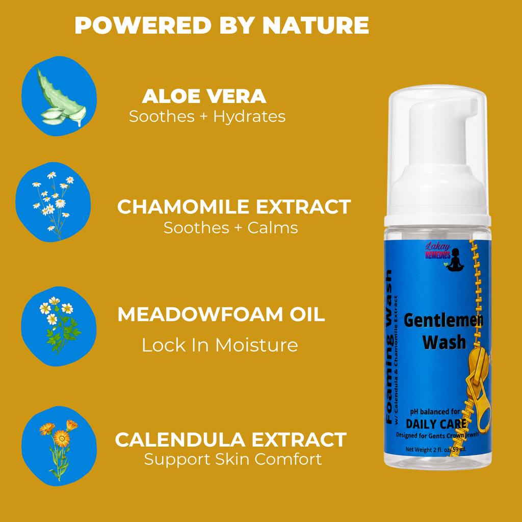 A bottle of  Gentleman's Wash by LakayRemedies, set against a mustard yellow background with text detailing its natural ingredients.