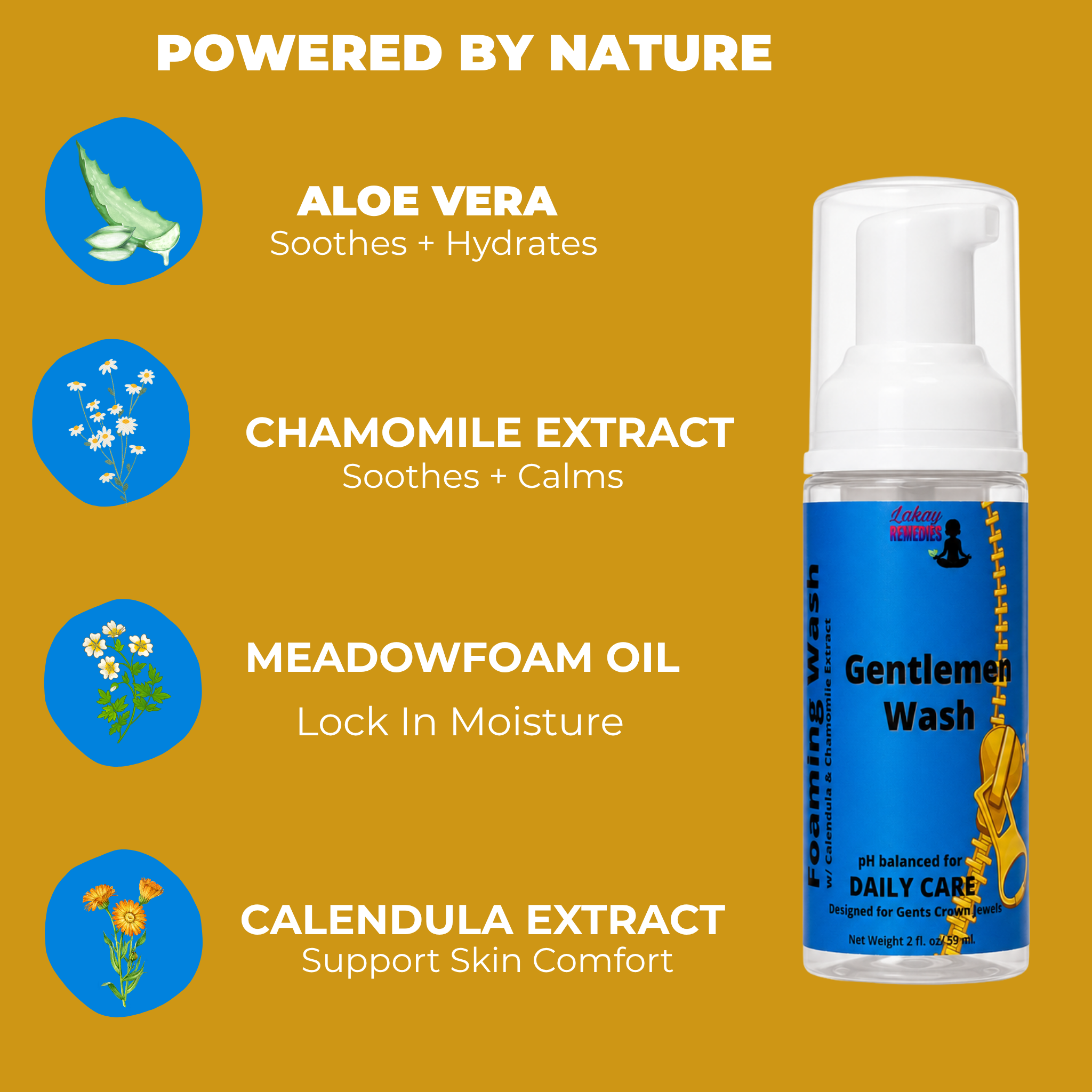 A bottle of  Gentleman's Wash by LakayRemedies, set against a mustard yellow background with text detailing its natural ingredients.