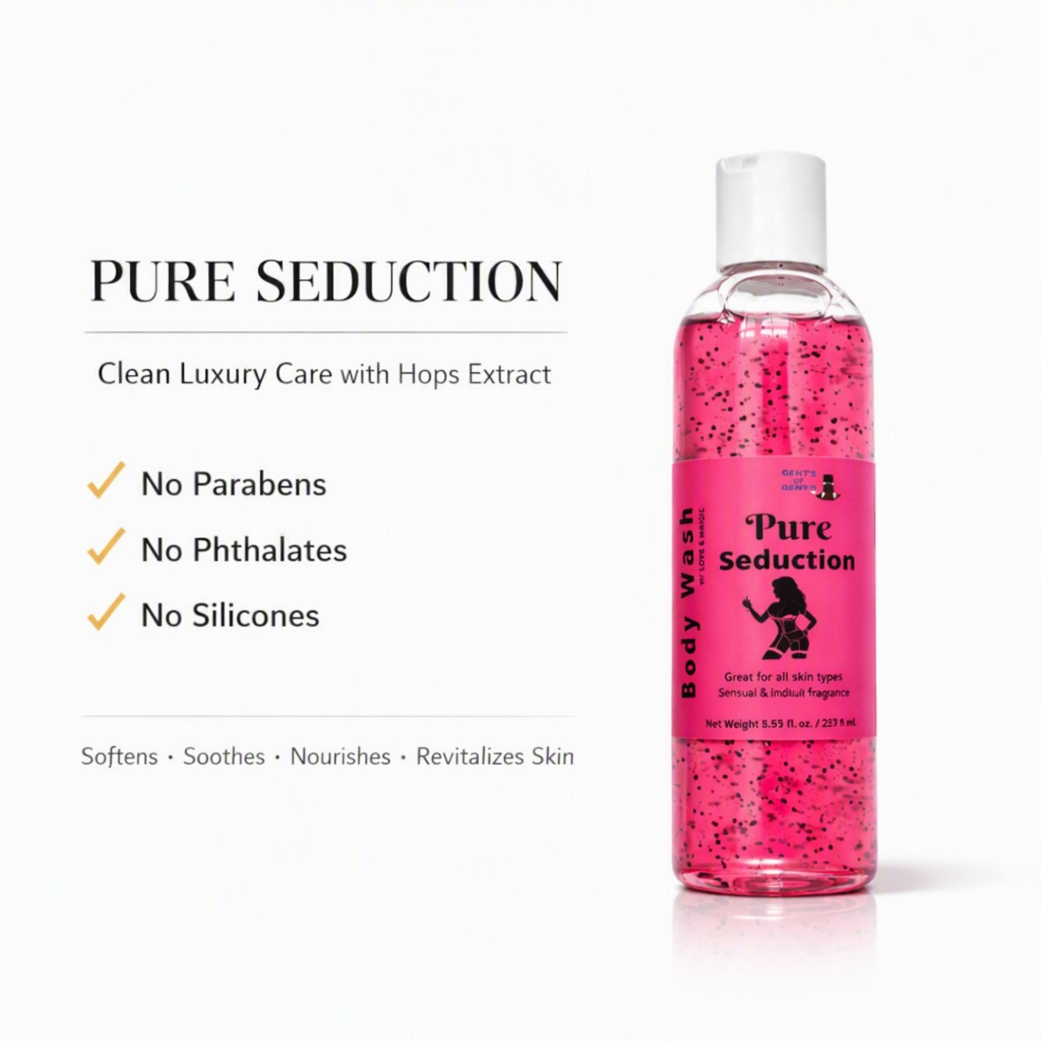 A bottle of Pure Seduction Body Wash with pink liquid and black jojoba beads, shown next to text highlighting its benefits: 'Clean Luxury Care with Hops Extract' and 'No Parabens, No Phthalates, No Silicones'.