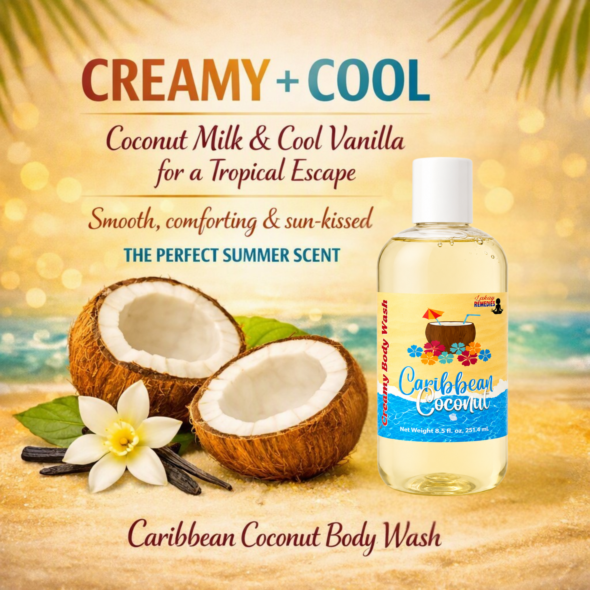 A bottle of Caribbean Coconut body wash stands on a sandy beach-style background with coconuts, a flower, vanilla beans, and tropical text reading 'Creamy + Cool' and 'Caribbean Coconut Body Wash.'.