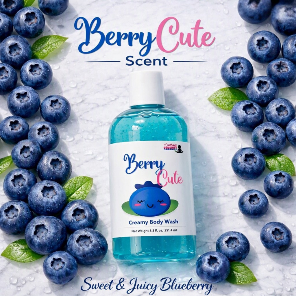 A bottle of Berry Cute Scent Creamy Body Wash surrounded by fresh blueberries and green leaves on a white textured background with water droplets. The text 'Berry Cute Scent' is at the top, and 'Sweet & Juicy Blueberry' is at the bottom.