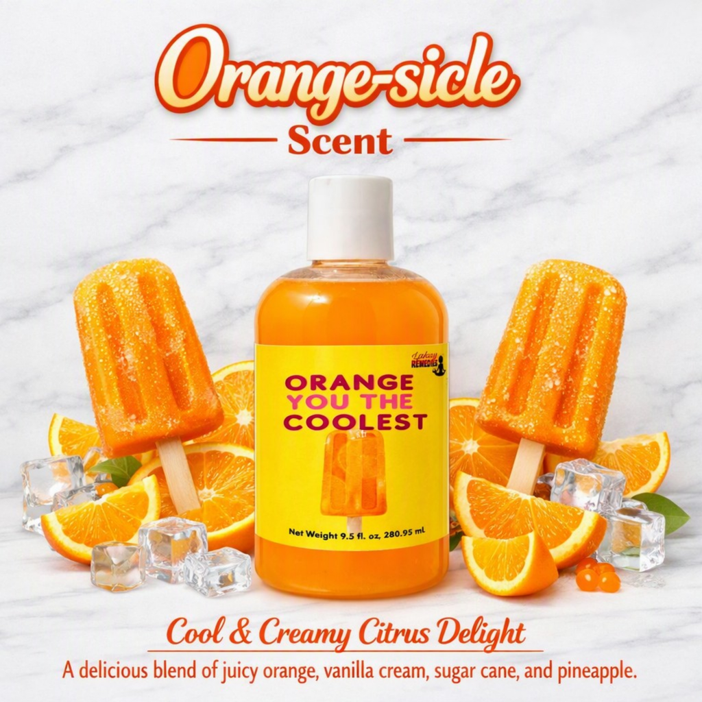 A bottle of orange-scented product labeled 'Orange You The Coolest' centered on a white marble background, surrounded by orange slices, popsicle bars, and ice cubes. Large text at the top reads 'Orange-side Scent' and the label text includes 'Cool & Creamy Citrus Delight'.