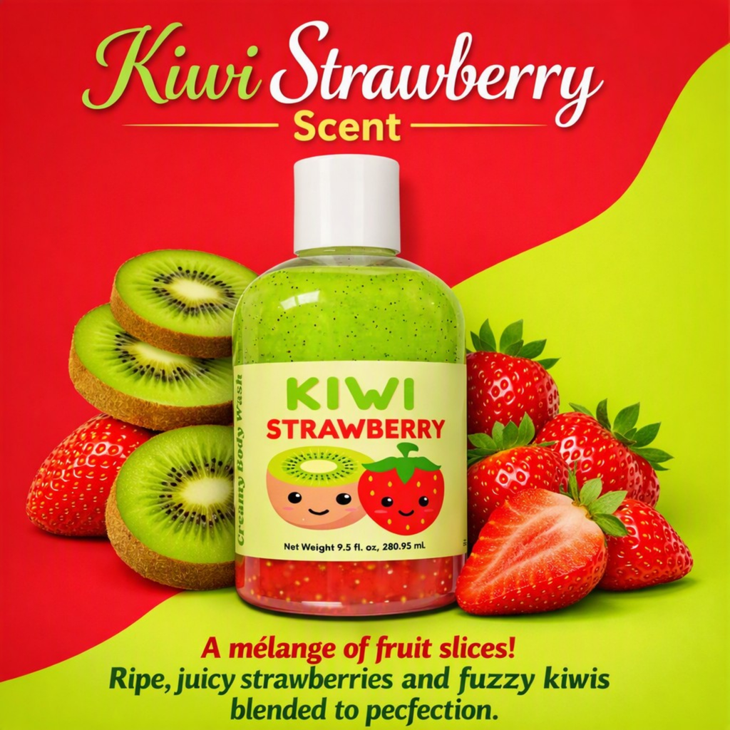 A bottle of Kiwi Strawberry Scent liquid fragrance centered on a bright red and lime green graphic background, surrounded by illustrated kiwi slices, whole kiwi, and strawberries. Large text reads 'Kiwi Strawberry Scent' and additional flavor description appears at the bottom.
