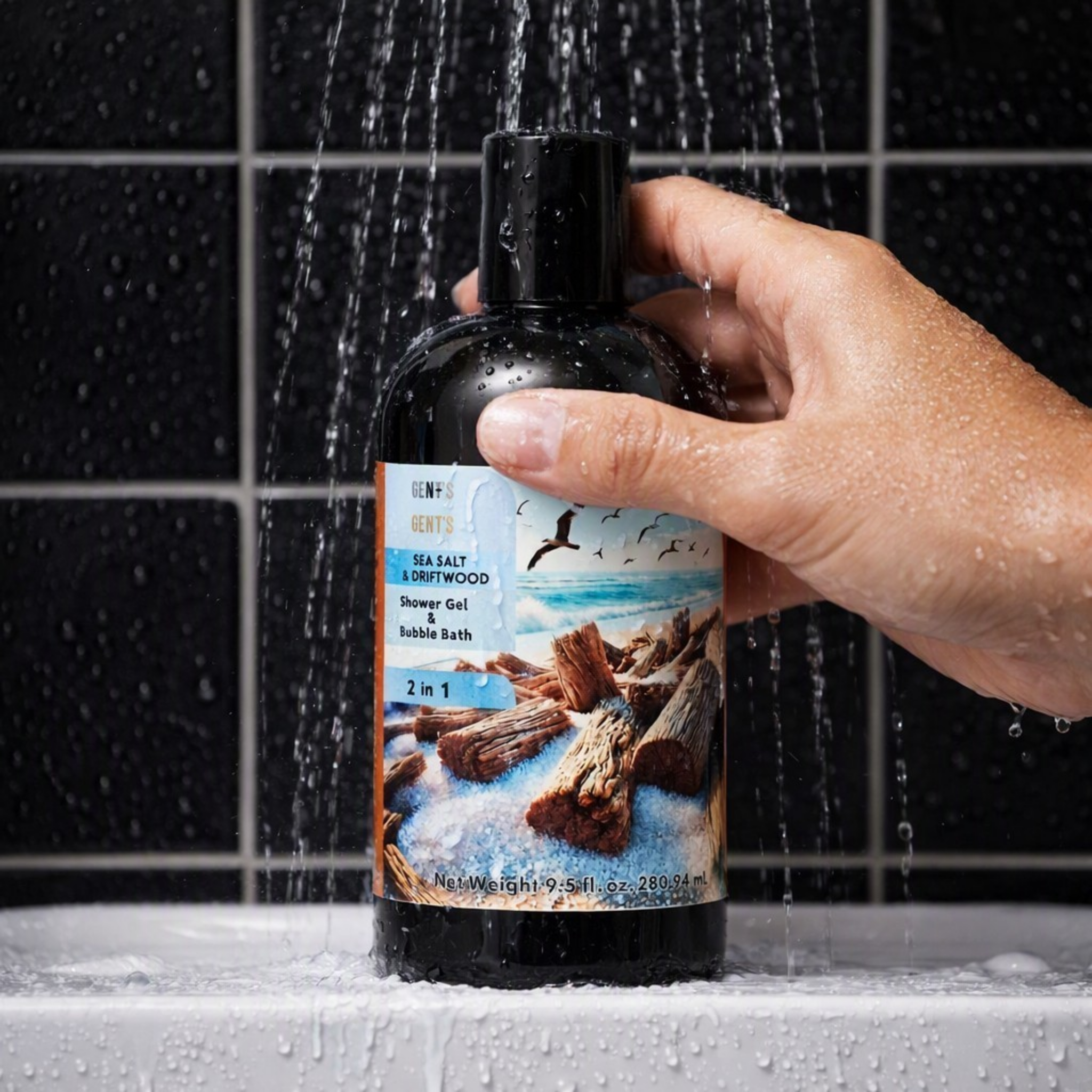 A hand holds a black bottle of Gents of Gents Sea Salt & Driftwood Shower Gel & Bubble Bath under running water in front of a black tiled wall.
