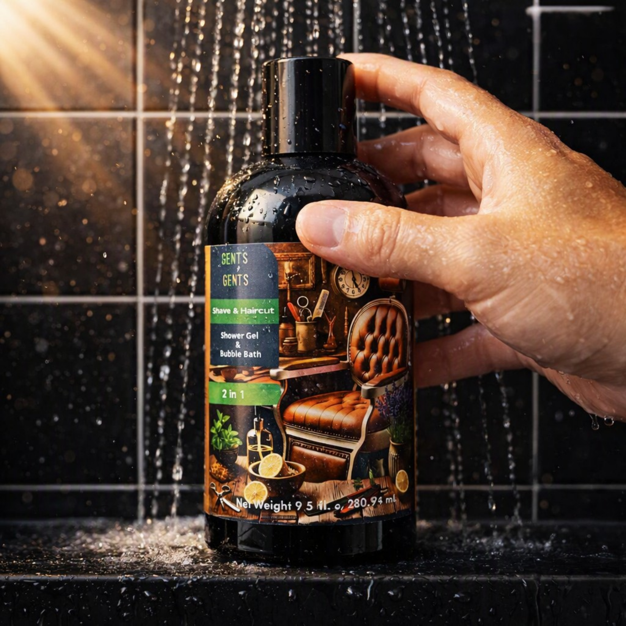 A hand holding a bottle of Gents of Gents Shower Gel & Bubble Bath under running water against a black tiled background.