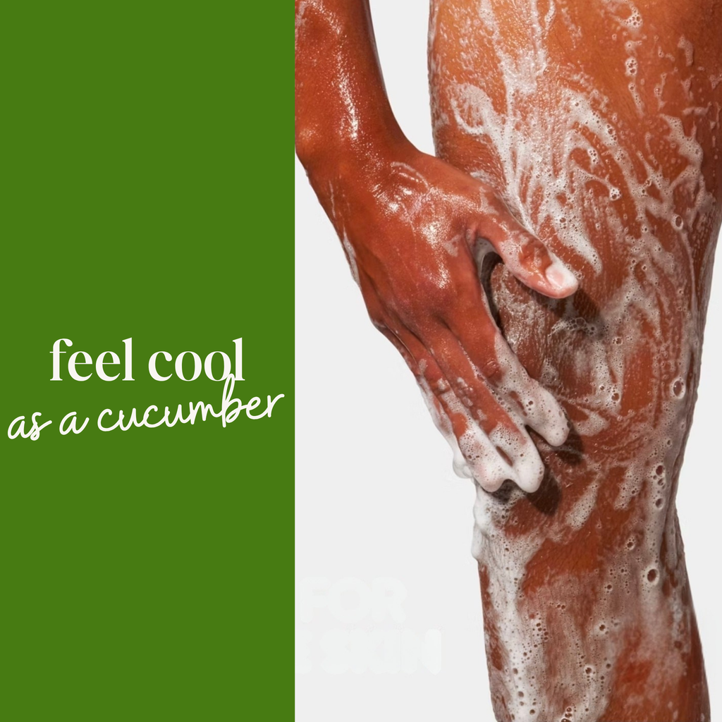 A close-up of a person's leg and hand covered in white soap foam, scrubbing skin, with a green text panel on the left reading 'feel cool as a cucumber'.