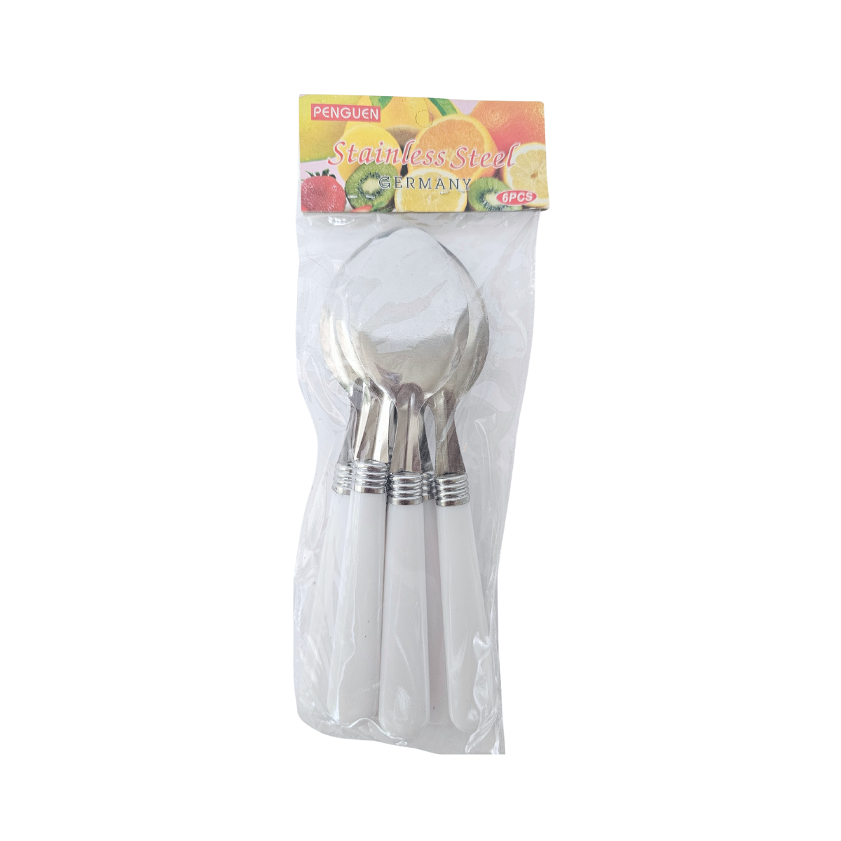 Set of silver spoons in a clear package with  on a white background