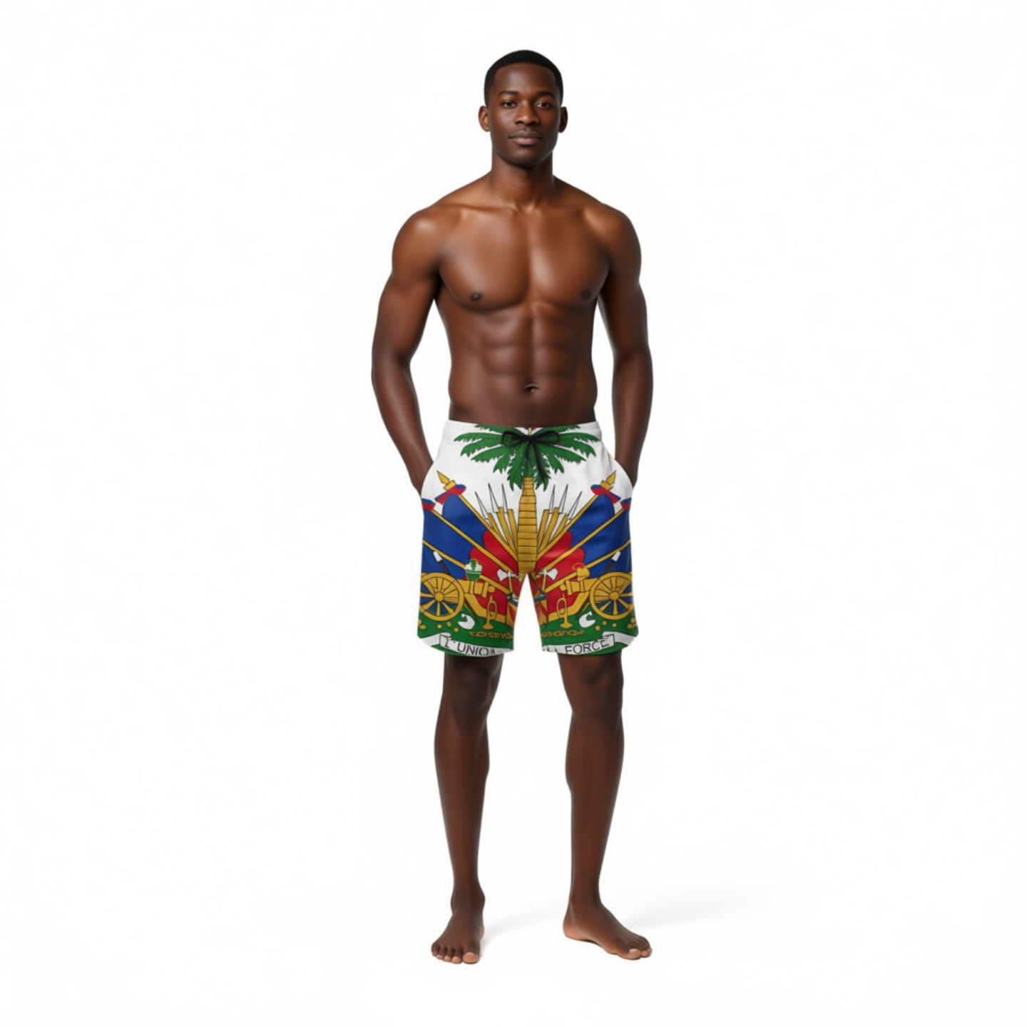 Man wearing a colorful swim shorts with a palm tree design on a white background