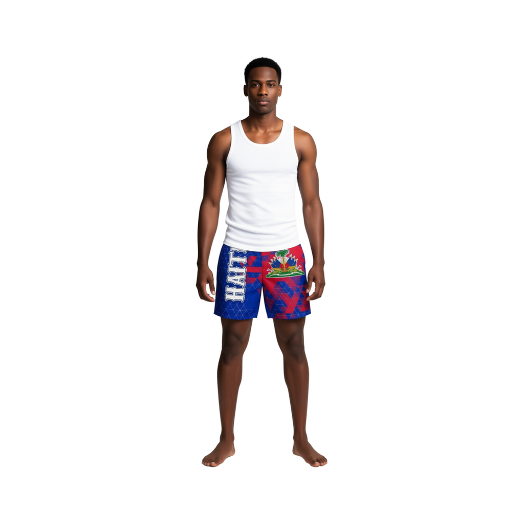 Man wearing a white tank top and colorful swim shorts on a white background