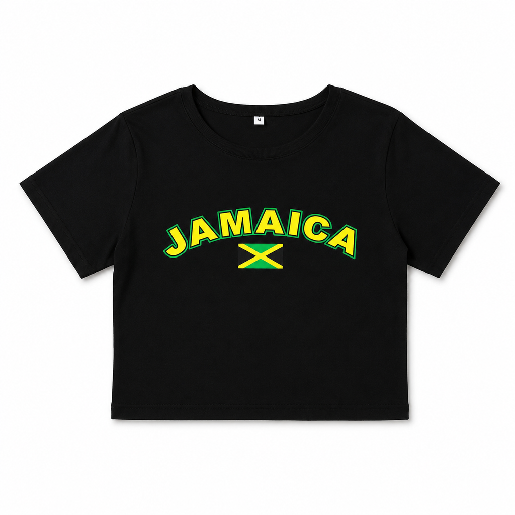 Black t-shirt with 'Jamaica' and a cross in yellow and green on a white background