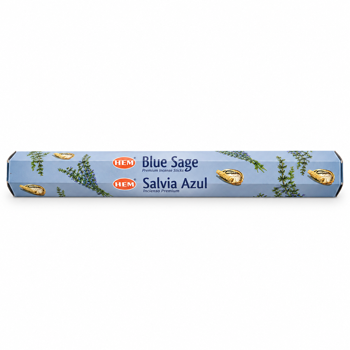 A long, narrow box of HEM Blue Sage Salvia Azul Incense, featuring a light blue background with illustrations of green sage leaves and gold salvia flowers.