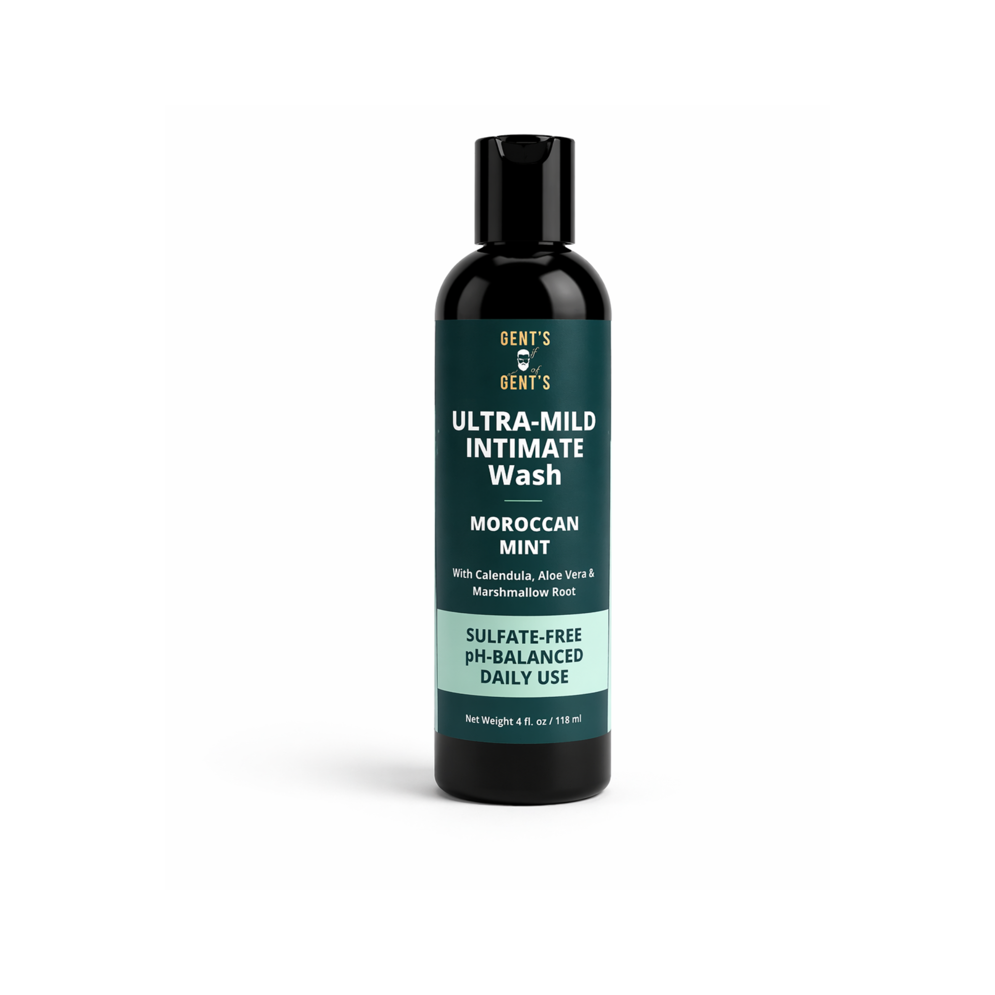 Bottle of Gent's of Gent’s Ultra-Mild Intimate Wash with Moroccan Mint on a white background
