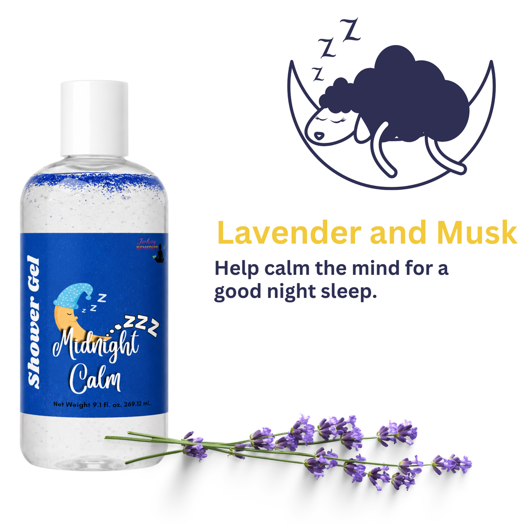 A bottle of lavender and musk shower gel labeled 'Moonlight Calm' on a white background, with a lavender sprig and a sleeping sheep illustration with 'z-z-z' marks beside it. Text reads 'Lavender and Musk' and 'Help calm the mind for a good night sleep.