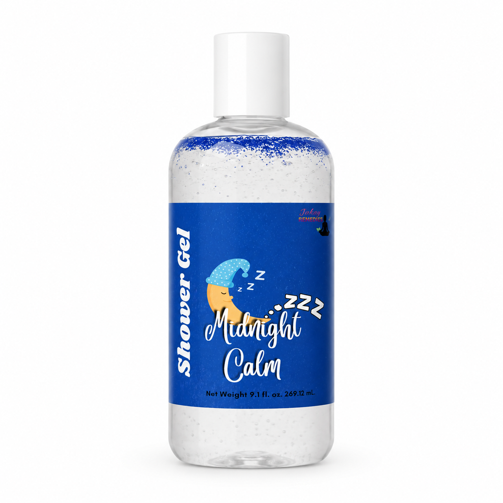A bottle of Midnight Calm Shower Gel with a blue label and white cap, shown on a plain white background.