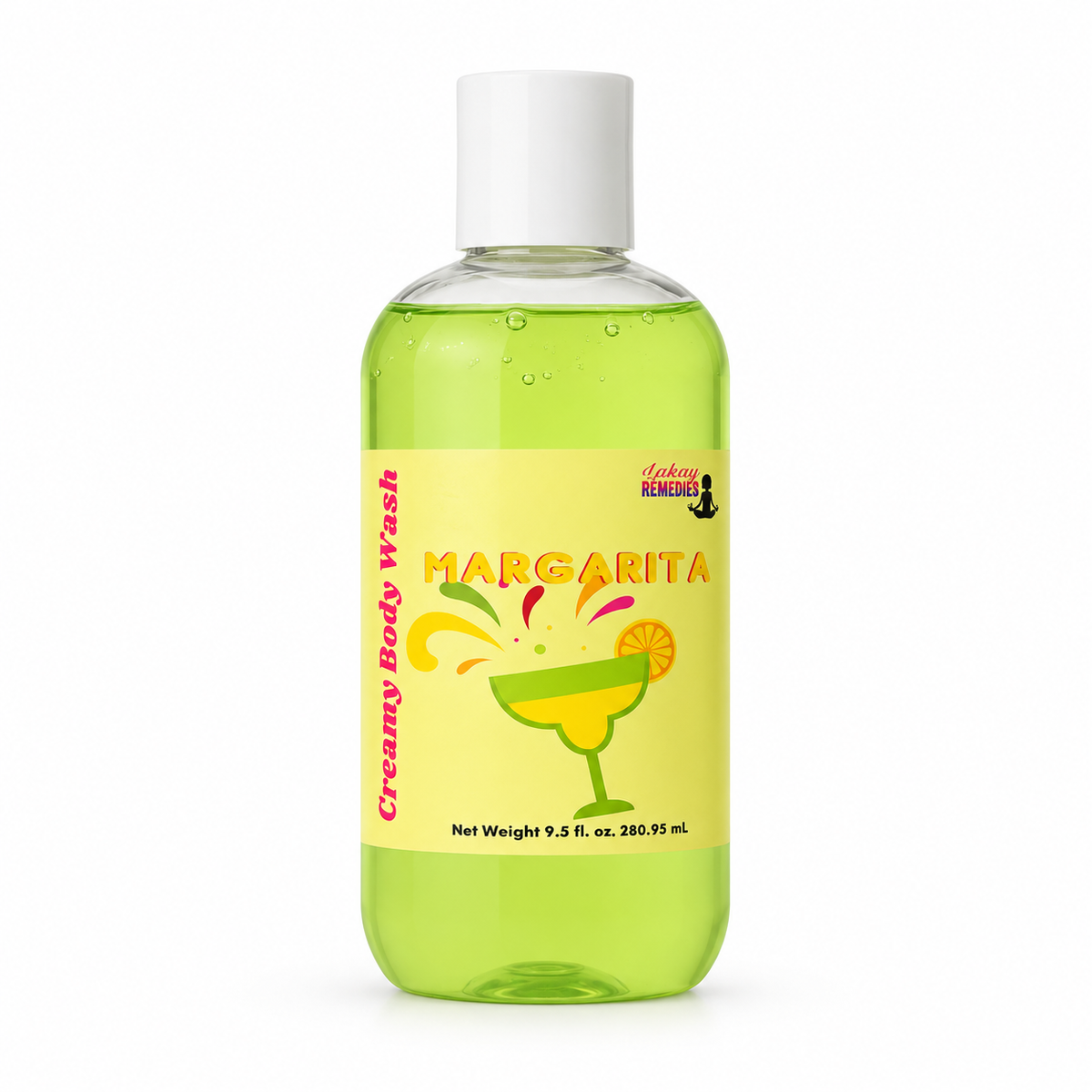 A bottle of Creamy Body Wash in the Margarita scent, featuring a bright yellow label with a margarita glass illustration and green liquid inside a clear bottle with a white cap.