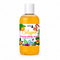 A bottle of Calypso Creamy Body Wash by Lakay Remedies, featuring a clear plastic bottle filled with orange-yellow speckled body wash and a white cap, set against a plain white background.