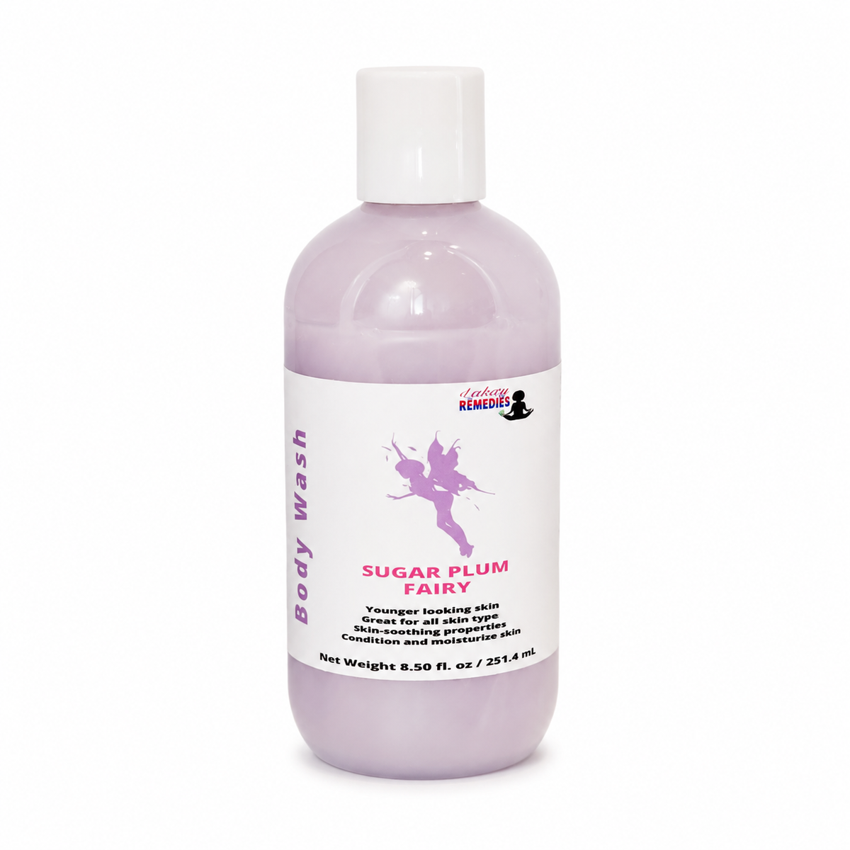 A bottle of Sugar Plum Fairy body wash by Lakay Remedies, featuring a translucent lavender bottle, white cap, and a white label with purple and pink text and graphics.